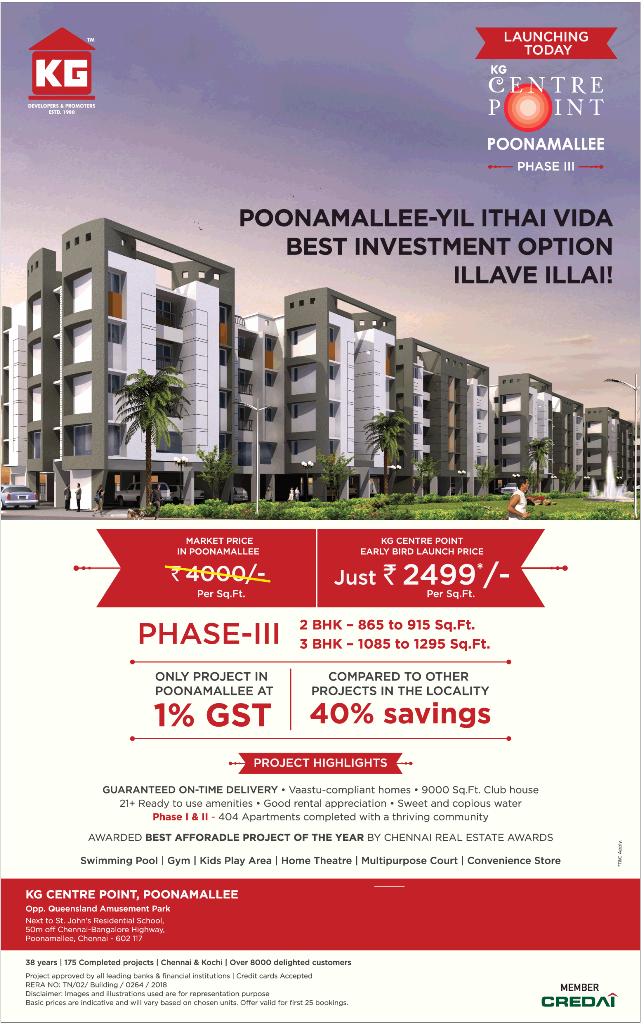 KG Centre Point early bird launch price just Rs 2499 per sqft in Chennai Update